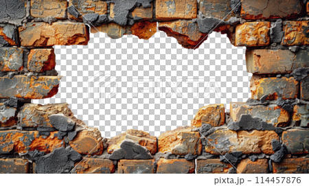 Hole in the wall of bricks against a white background. Shabby Building Facade Hole in the wall of bricks against a white background. Shabby Building Facade 114457876