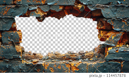 Hole in the wall of bricks against a white background. Shabby Building Facade Hole in the wall of bricks against a white background. Shabby Building Facade 114457878