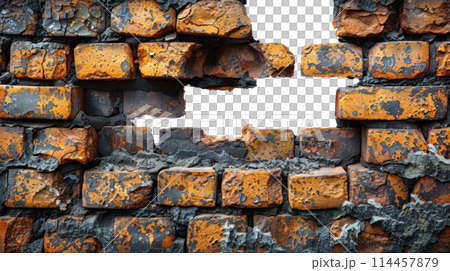 Hole in the wall of bricks against a white background. Shabby Building Facade Hole in the wall of bricks against a white background. Shabby Building Facade 114457879