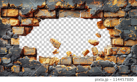 Hole in the wall of bricks against a white background. Shabby Building Facade Hole in the wall of bricks against a white background. Shabby Building Facade 114457880