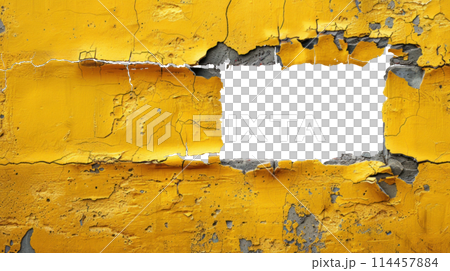 Hole in the wall of bricks against a white background. Shabby Building Facade 114457884