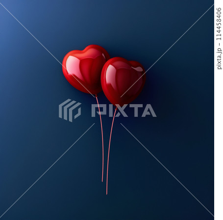 A Pair of Bright Red Heart Shaped Balloons on a Blue Background 114458406