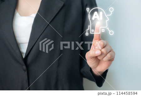 Business person showing hands gesture with AI icon. Artificial intelligence has become a critical technology in today's world and how it's transforming the way we think and live. Business person showing hands gesture with AI icon. Artificial intelligence has become a critical technology in today's world and how it's transforming the way we think and live. 114458594