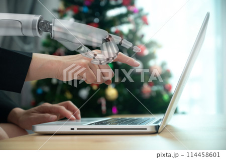 Cropped shot view of business person hand working with AI. Artificial intelligence is a technology designed to emulate the human mind, particularly in areas such as analysis and learning. 114458601