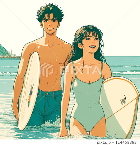 サーフボードを抱え浜辺を歩く男女_02 114458865
