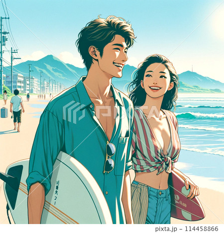 サーフボードを抱え浜辺を歩く男女_03 114458866