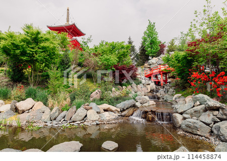 Japanese asian garden in Krasnodar Galitsky park. Traditional park with pond 114458874