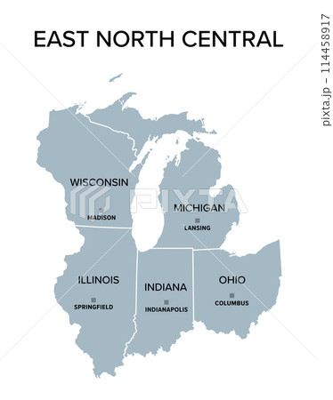 East North Central states, gray political map with borders and capitals. United States Census division of the Midwest region, consisting of the states Illinois, Indiana, Michigan, Ohio, and Wisconsin. East North Central states, gray political map with borders and capitals. United States Census division of the Midwest region, consisting of the states Illinois, Indiana, Michigan, Ohio, and Wisconsin. 114458917
