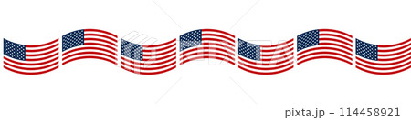 Decorative border with wavy Flag of the United States pattern, alternately curved up and down. Seamless tile with the American flag, The Stars and Stripes, Old Glory, or also The Star-Spangled Banner. Decorative border with wavy Flag of the United States pattern, alternately curved up and down. Seamless tile with the American flag, The Stars and Stripes, Old Glory, or also The Star-Spangled Banner. 114458921