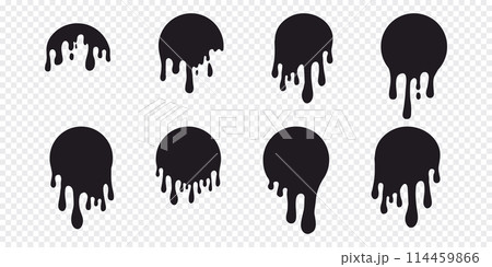 Melt paint drip circle stickers, label. Round splash with drops, liquid shape graffiti blob stickers, stain isolated on background. Flowing fluid, slime or cream. 114459866