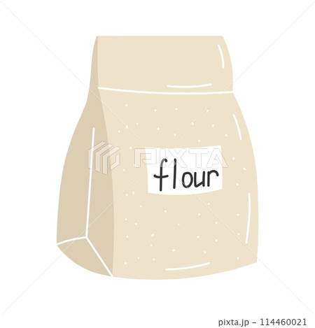 Flour in paper bag. Closed pack, package with baking ingredient. Product for cooking. Flat vector illustration isolated on white background 114460021