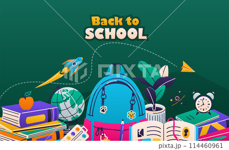 Back to school vector illustration. School tools, accessory supplies. Greeting text sign, stationery design, pen pencil, book, paper plane, backpack on green background. Copy space 114460961
