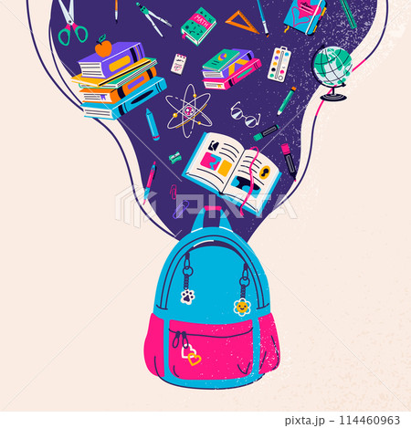 School supplies flying in the air above backpack in foreground vector illustration. Back to school and education texture concept background 114460963
