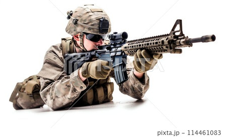 Military Soldier Aiming Rifle Isolated on White. Generative ai 114461083