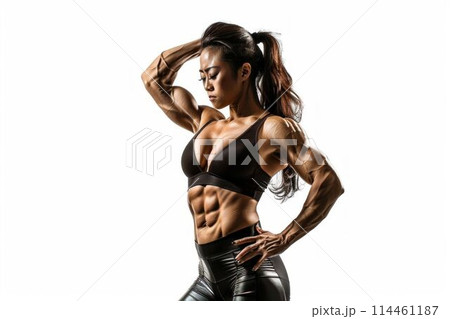 Powerful Female Bodybuilder Showcasing Muscles. Generative ai 114461187