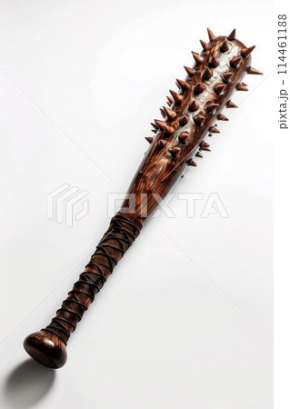 Traditional Wooden Mace with Spikes on White Background. Generative ai 114461188