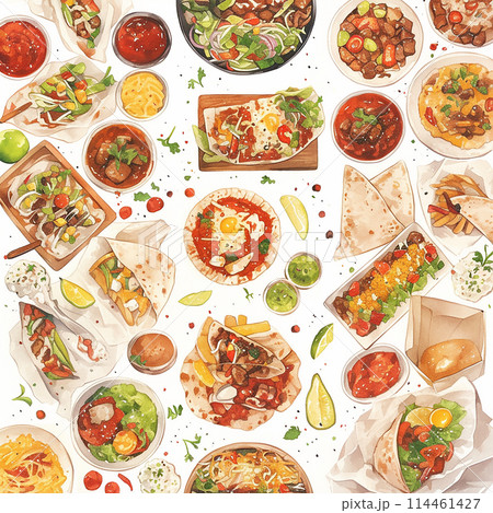 Mexican food pattern on white background colorful assortment of food on a table, including rice, tacos, and a variety of vegetables 114461427