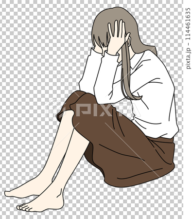 A woman sitting on the floor with her head in a worried state A woman sitting on the floor with her head in a worried state 114461635