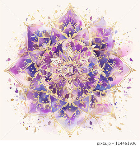 A purple mandala flower with gold accents. The flower is a symbol of love and peace 114461936