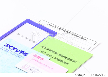 精神通院医療のイメージ（障害者手帳・自立支援医療受給者証・自己負担上限額管理票・診察券） 114462217