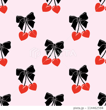 Seamless Cherry pattern. Bow in cartoon style. Ballet, coquette background 114462594