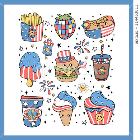 Groovy 4th of July food Retro Cartoon Trendy doodle collection idea for Shirt Sublimation printing 114463011