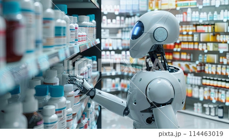 a robot with artificial intelligence selects medicines in a pharmacy 114463019