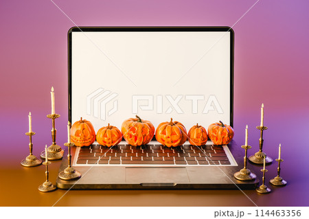 3d rendering of glowing candles and pumpkins placed on open laptop for Halloween celebration 3d rendering of glowing candles and pumpkins placed on open laptop for Halloween celebration 114463356