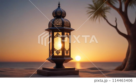 Ramadan Kareem, Lantern, Postcard: Illuminated lantern at dusk during Ramadan signifies tradition. 114463406