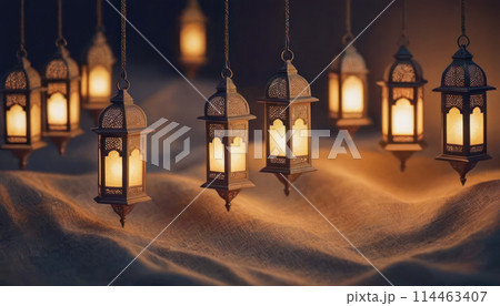 Ramadan Kareem, Lantern, Postcard: Illuminated lantern at dusk during Ramadan signifies tradition. 114463407