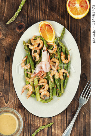 Asparagus stir fried with shrimp. Asparagus stir fried with shrimp. 114463478
