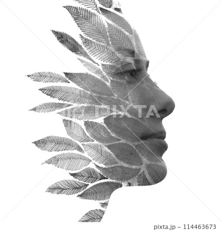 A woman's profile disappearing into a graphical leaf pattern in paintography A woman's profile disappearing into a graphical leaf pattern in paintography 114463673