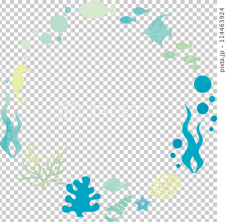 夏　海　シルエット　フレーム　飾り　あしらい　水彩　コピースペース　背景　イラスト素材 114463924