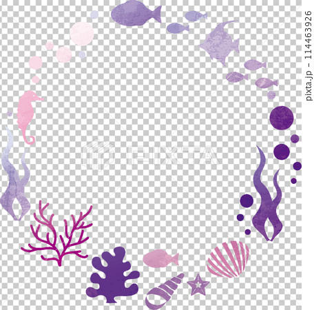 夏　海　シルエット　フレーム　飾り　あしらい　水彩　コピースペース　背景　イラスト素材 114463926