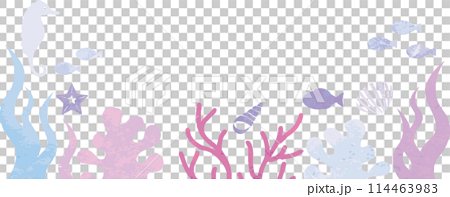 夏　海　シルエット　バナー　フレーム　飾り　あしらい　水彩　コピースペース　背景　イラスト素材 114463983