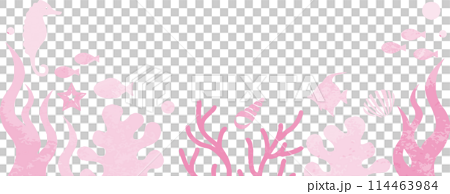 夏　海　シルエット　バナー　フレーム　飾り　あしらい　水彩　コピースペース　背景　イラスト素材 114463984