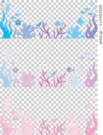 夏　海　シルエット　バナー　フレーム　飾り　あしらい　水彩　コピースペース　背景　イラスト素材セット 114463986