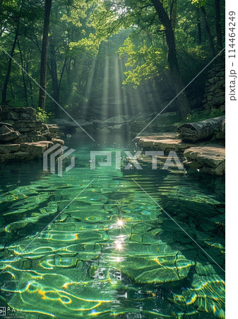 Mystical Woodland Pool: Sunbeams Illuminate Lush Foliage and Crystal Waters 114464249