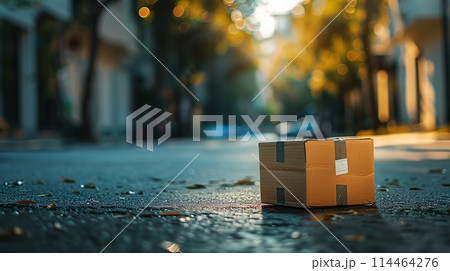 Rain-Kissed Parcel: A Cardboard Box s Melancholic Serenity 114464276