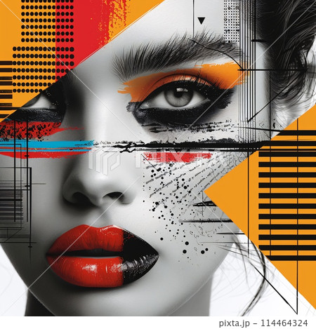 Artistic Blend - Photorealistic Supermodel Clashes with Illustrated Color 114464324