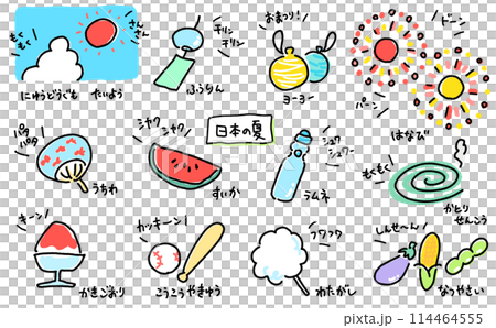 Manga-style Japanese summer material set, onomatopoeia, sound effects, simple line drawing illustrations Manga-style Japanese summer material set, onomatopoeia, sound effects, simple line drawing illustrations 114464555