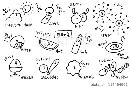 漫画風　日本の夏の素材セット　顔つき　擬音語　セリフ　効果音　　シンプルな線画イラスト 114464961