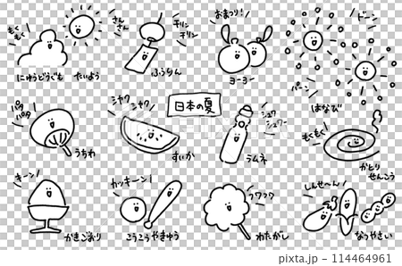 漫画風　日本の夏の素材セット　顔つき　擬音語　セリフ　効果音　　シンプルな線画イラスト 114464961