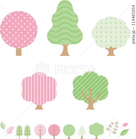 夏　緑　森　木　アイコン　飾り　あしらい　かわいい　おしゃれ　モダン　シンプル　イラスト素材セット 114465054