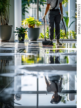 Cleaning service woman using a vacuum cleaner to clean the floor of a building Cleaning service woman using a vacuum cleaner to clean the floor of a building 114465221