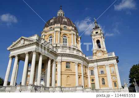 TURIN, ITALY - SEP 14, 2019: Close-up of the Superga, actually Basilica della Nativita di Maria Vergine, is an important pilgrimage church near Turin in Italy 114465353