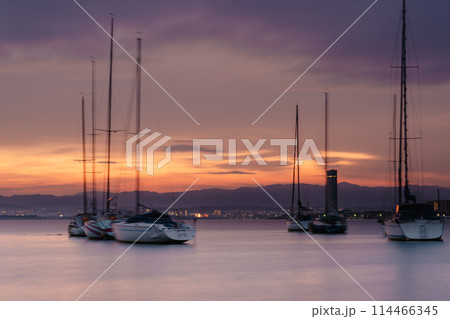 早朝の滋賀県大津市柳が崎ヨットハーバーを撮影したもの 早朝の滋賀県大津市柳が崎ヨットハーバーを撮影したもの 114466345
