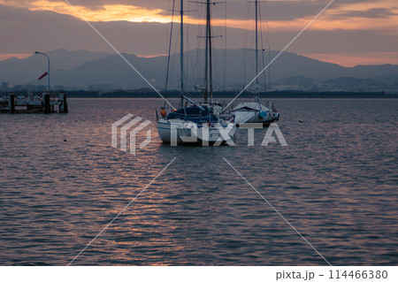 早朝の滋賀県大津市柳が崎ヨットハーバーを撮影したもの 早朝の滋賀県大津市柳が崎ヨットハーバーを撮影したもの 114466380