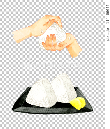 Making rice balls with white rice - Hand-drawn watercolor illustration of a person's hand and cooking 114466655