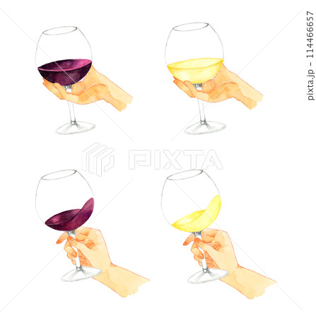 白ワイン・赤ワインのグラスを持つ手　飲み物（お酒）の手描き水彩イラスト素材 114466657